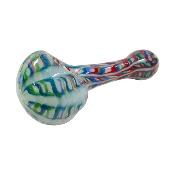Decorative glass pipe with multicolored swirl design of red, blue, and green, featuring a small hole at the end.