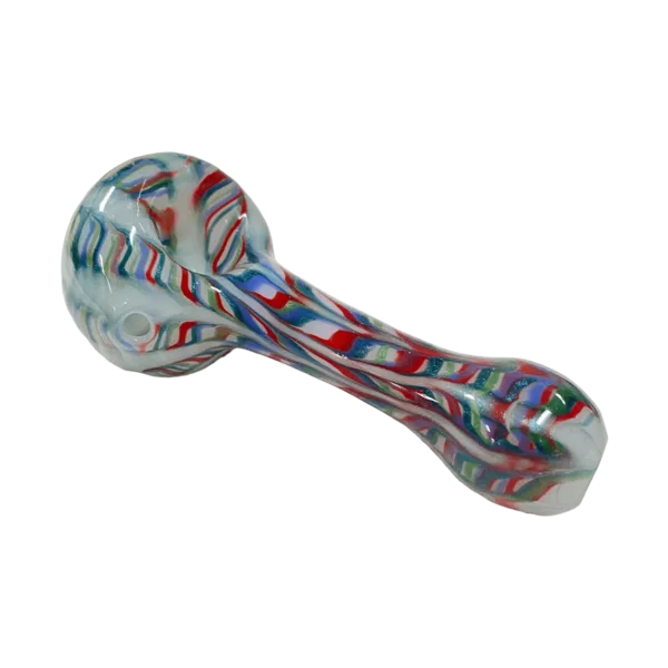Colorful glass pipe with red, white, and blue stripe design, reminiscent of a candy cane.
