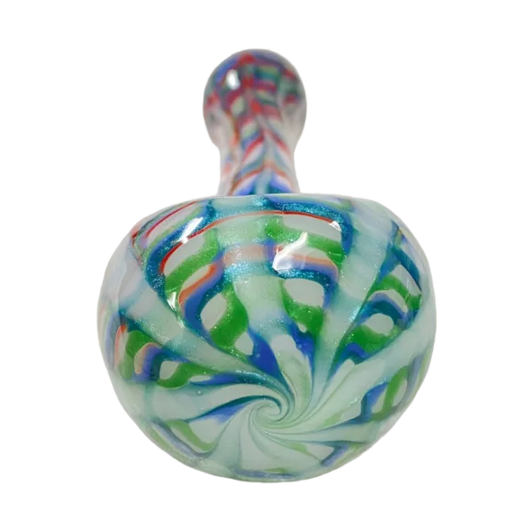 glass pipe with an intricate and detailed swirled design in various colors, including blue, green, and red. It has a small bowl and stem, and the overall appearance is elegant and stylish.
