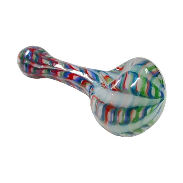 Colorful, multilayered glass candy cane with intricate design, featuring red, green, and blue. Symmetrical and detailed.