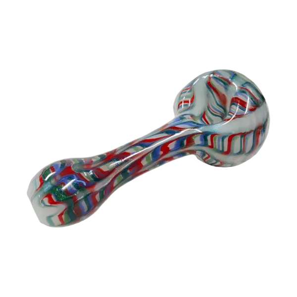 Handmade, colorful glass marijuana pipe with white-blue stripe design, round shape, flat bowl, and long stem with knurled collar. Hexagonal base with 6 legs and small holes.