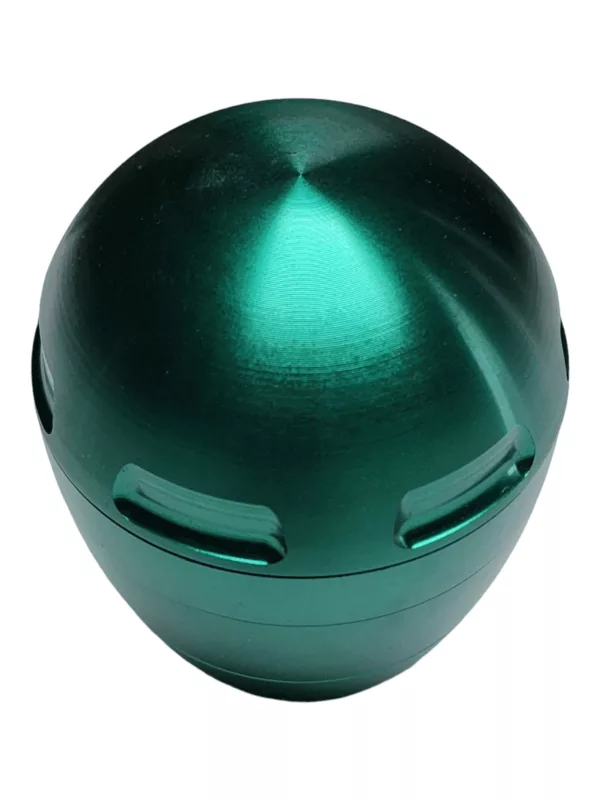 A bright green, solid metal sphere with a smooth surface, no visible features, and no openings or holes.