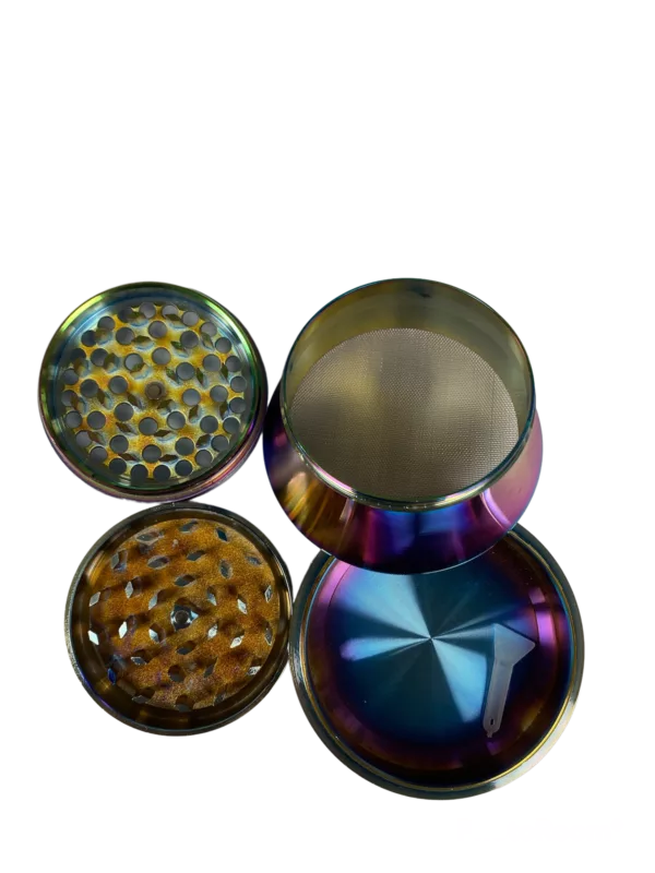 High-quality, rainbow-hued metallic grinder with flared bottom and flat top surface for efficient herb grinding.