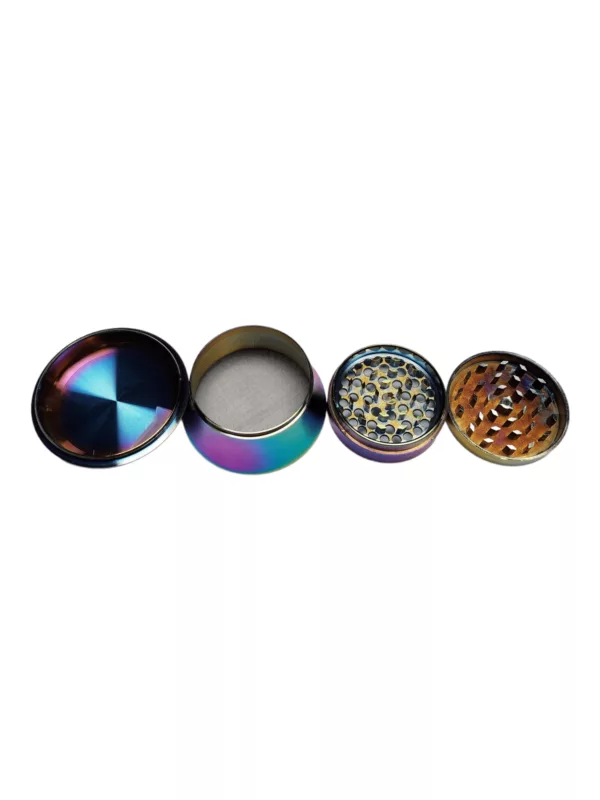 Rainbow Flared Bottom Grinder with 5 compartments, silver base and rainbow 'Rainbow' text on side and bottom.
