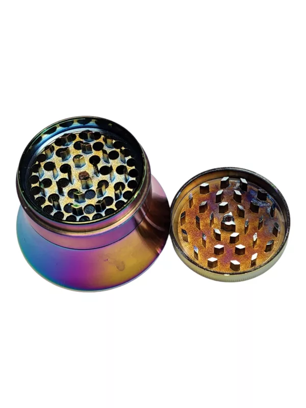 Rainbow Flared Bottom Grinder with two circular indentations on white surface.