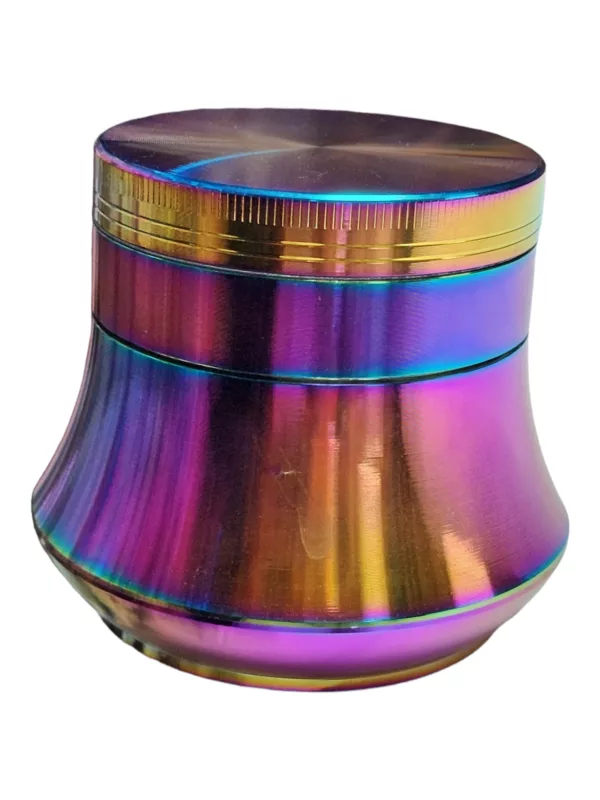 Rainbow Flared Bottom Grinder features a metal container with a multicolored, shiny surface and a small handle on top. It has an open side and sits on a white background.