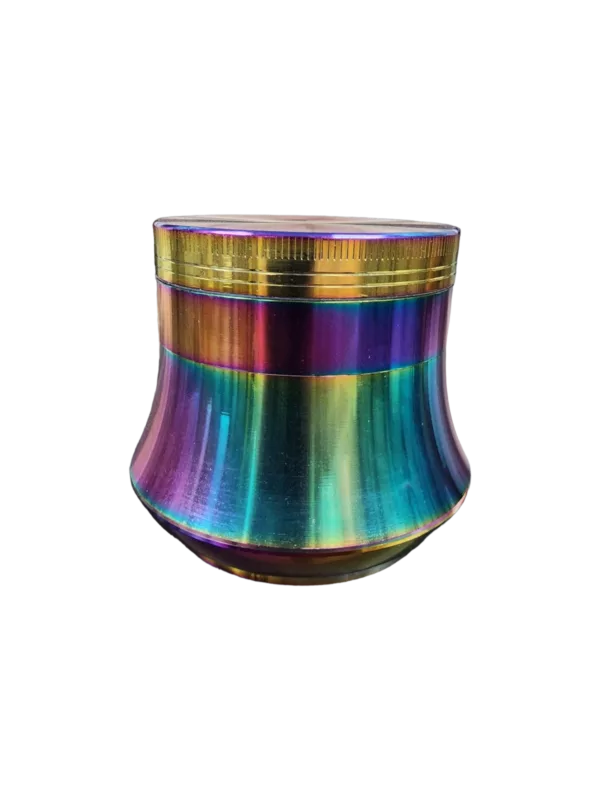 colorful, metallic container with a gold rim and a rainbow pattern inside, used to grind tobacco or other substances.