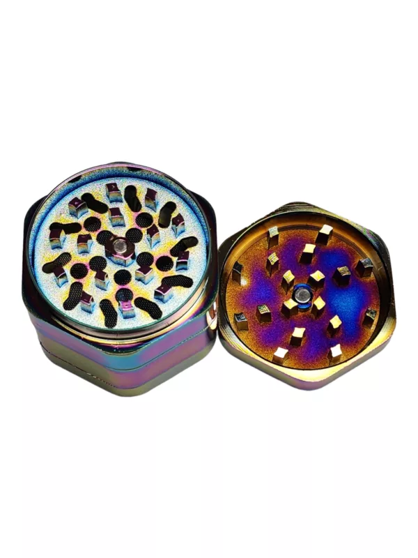 Introducing the Hexagon Rainbow Grinder - BVGS152R, a colorful, metallic grinder with a hexagonal shape and a small opening in the center. Perfect for grinding and storing your favorite herbs.