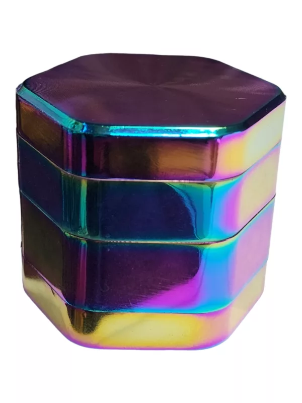 holographic metal box with rainbow colors, perfect for grinding and storing your favorite herbs.