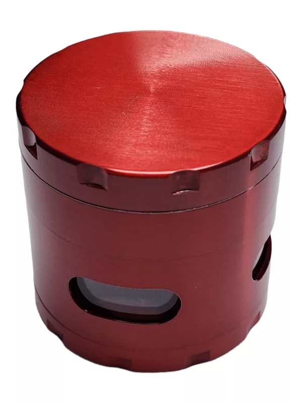 High-quality red metal grinder with clear plastic window, large opening for easy use.