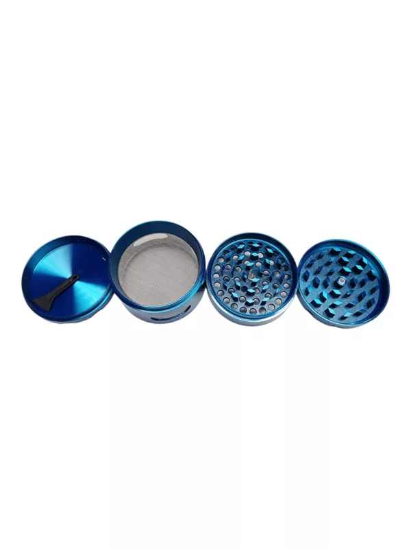 Chrome grinder with blue accents, 3 openings, circular top and bottom, rectangular side window, shiny metal, white background.