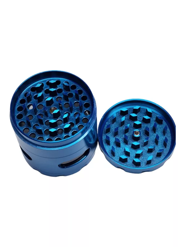 Two blue plastic grinders with metal bases, circular and rectangular shapes, and small gaps for herb grinding.