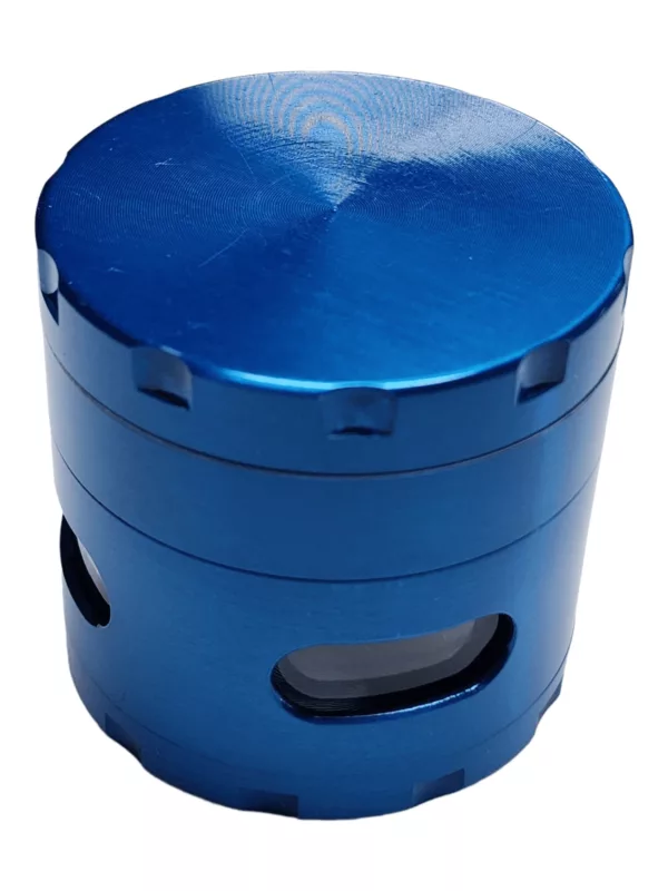 A blue grinder with a circular shape, raised texture, and smooth square opening. It has a metallic finish with shiny reflective properties.