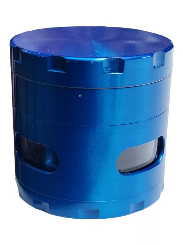 Blue metal grinder with circular shape and two large holes on top, with smooth surface and no visible bottom opening.