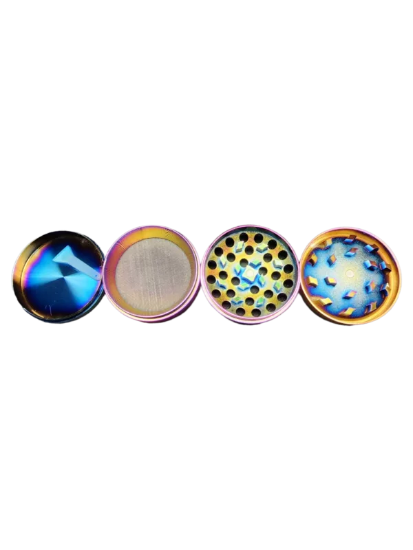 Four unique rainbow-colored grinders in a circle - BVGS04850.