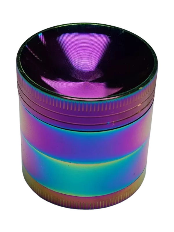 Metallic container with rainbow iridescent finish and flat base. Perfect for grinding herbs or spices.