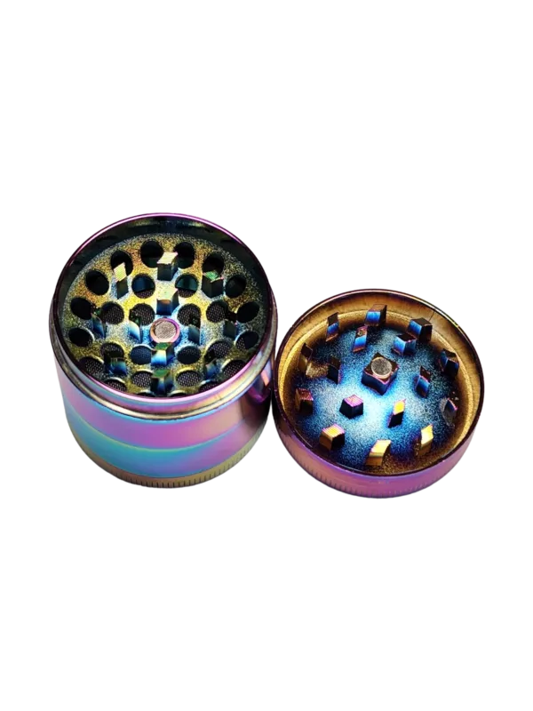 Metallic rainbow concave grinder with unique colorful dot pattern on black background.