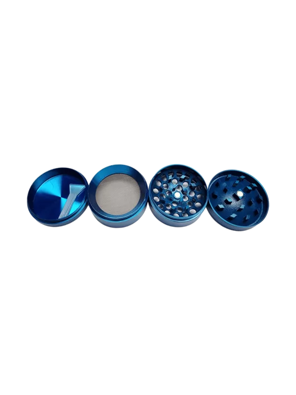 Blue metal grinder with circular shape and small center hole. Grinds herbs, spices, and more for culinary use.