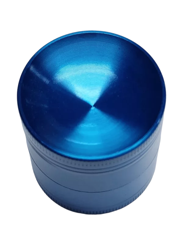 Concave blue metal grinder with circular shape and flat base. No handles or protrusions.