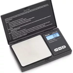 Small, black digital scale with clear display and silver casing. Measures in grams. AWS-1KG.