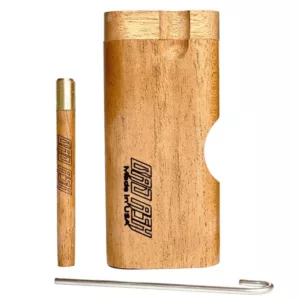 Wooden case with metal rod for holding small objects. Simple, functional design. No branding.