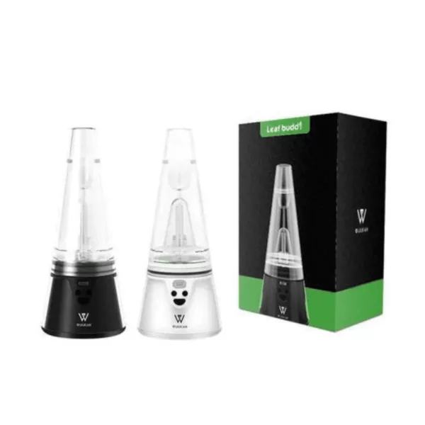 clear glass vaporizer that comes in a black box with white lettering. It includes a plastic insert to hold the vaporizer and its components, as well as a small plastic bag of loose tobacco leaves and herbs. No brand or logo is visible on the vaporizer itself.