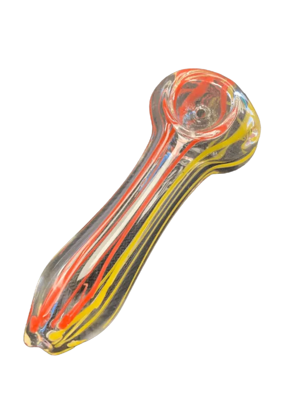 Eye-catching, colorful glass smoking pipe with long curved shape, small bowl, and red, orange, and yellow handle. Great addition to any smoking set.