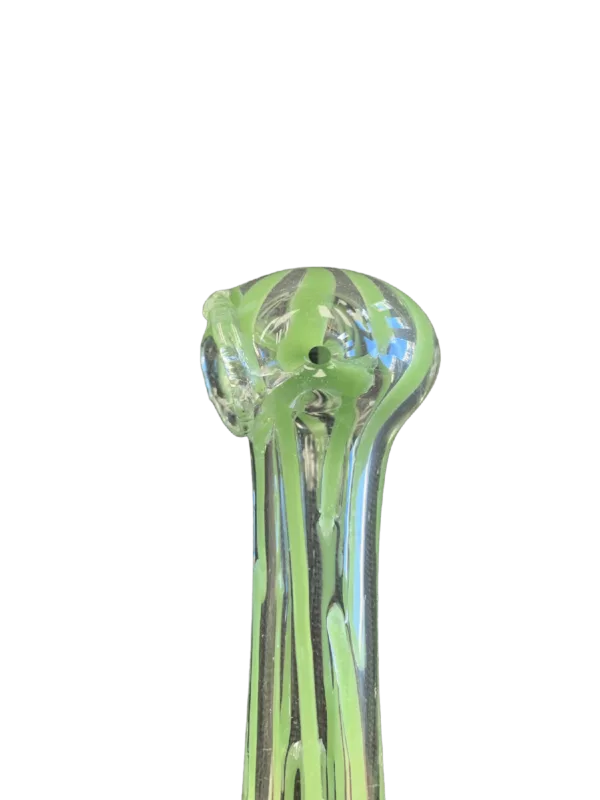 Swirled green and white glass spoon with unique handle design, perfect for adding a pop of color to your smoking setup.