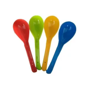 Colorful plastic spoons in red, green, blue, and yellow, with a shallow bowl and curved handle for easy gripping.
