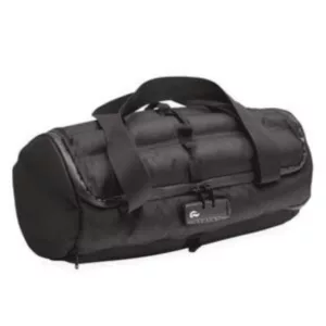 Large, black duffle bag made of MDF with smooth matte finish and black and white design. Features a zipper and handle for easy carrying.