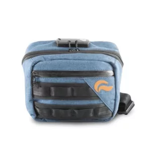 fanny pack with a camera attachment, featuring an orange logo, blue lens, and black body with orange accents. It has two hip straps, a large front pocket with a zipper, and a flap with a hook and eye closure. The back has another large pocket with a zipper.