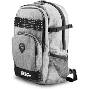 Gray backpack with black and white graphic, multiple straps/buckles, small front pocket and large side pocket.
