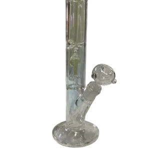 Clear glass bong with small, round base and long, curved neck. HFWP174.