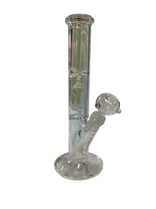 Clear glass bong with small, round base and long, curved neck. HFWP174.