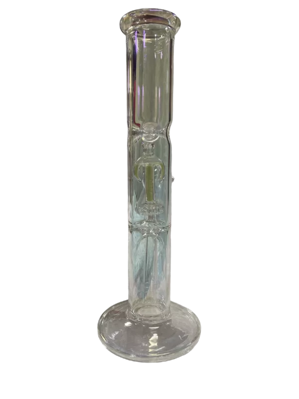 Clear glass bong with metal stem and circular percolator. Knob for on/off. Large base and percolator. HFWP174.
