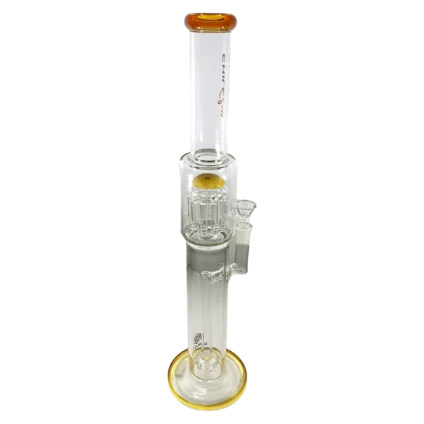 Clear glass bong with yellow base and long curved neck. Mouthpiece is a small circular disc. Smooth, glossy surface. Base has small circular opening at bottom. In good condition.