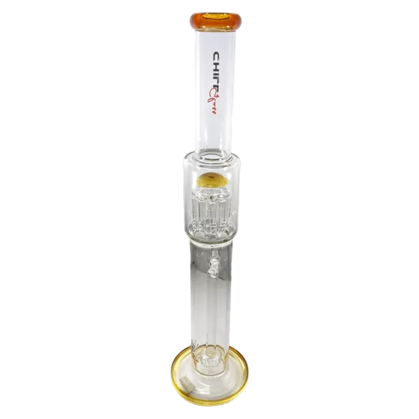 Elegant and minimalist long bong with clear glass body, orange base, plastic stem, metal ring with company logo, clear glass bowl and carb.