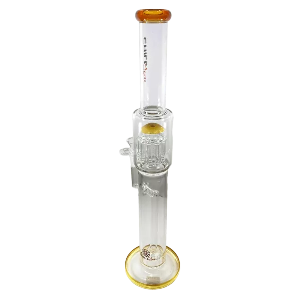 Clear glass water bong with yellow handle and small center hole.