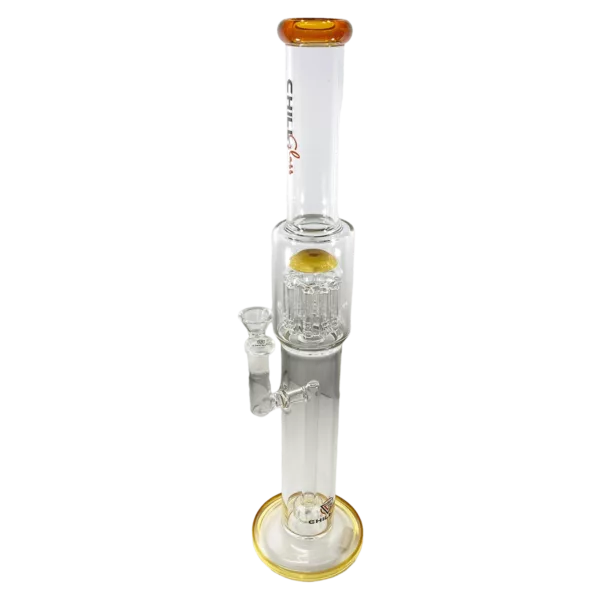 sleek, modern glass bong with a clear cylinder and yellow base. It has a curved neck and mouthpiece, and stands on a small circular base with a hole in the center.