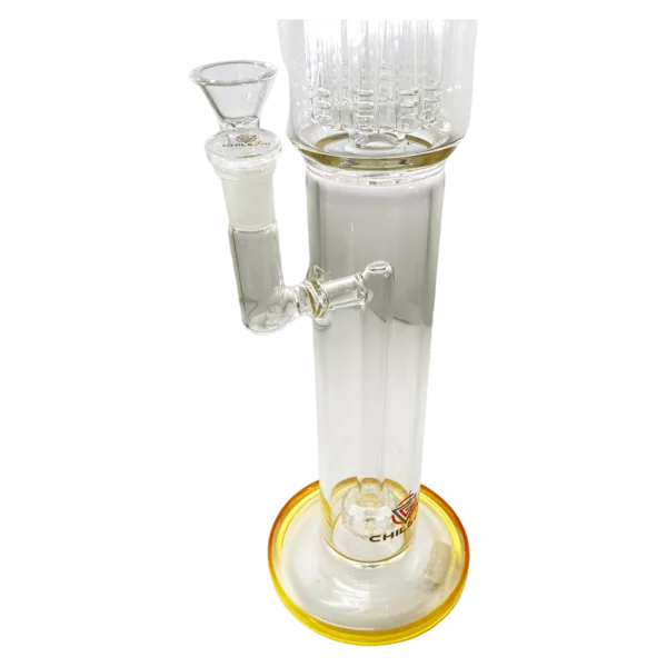 Large borosilicate glass bong with flat-bottomed bowl and long, curved stem. No additional features.