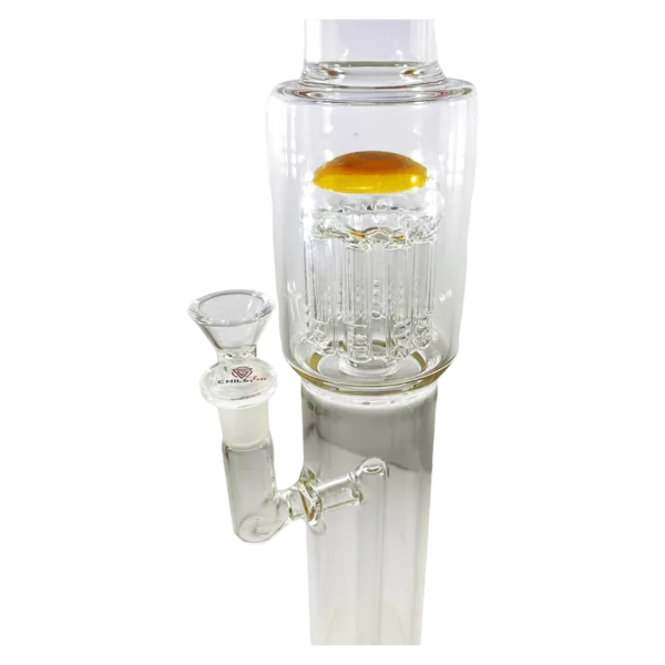 Clear glass bong with cylindrical shape, circular mouthpiece and base, sitting on white background.