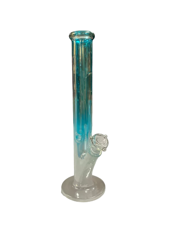 Glass water pipe with blue tint, green glass accent, white base, and dark blue stem.
