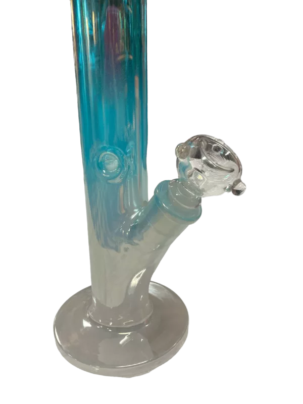 Glass bong with blue and white swirl pattern, clear glass base, small round base and long curved neck, mouthpiece with small circular hole, sitting on green surface.