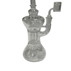 Clear glass water pipe with small neck and adjustable flow knob. Low water level visible through transparent body. No additional features or decorations. Green background.