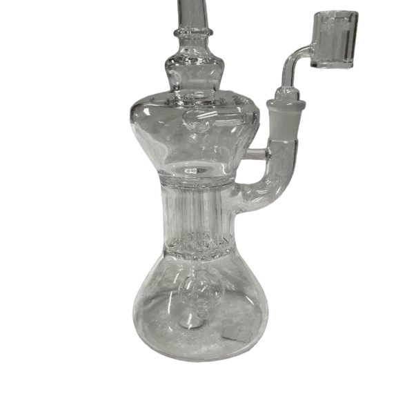 Clear glass water pipe with small neck and adjustable flow knob. Low water level visible through transparent body. No additional features or decorations. Green background.