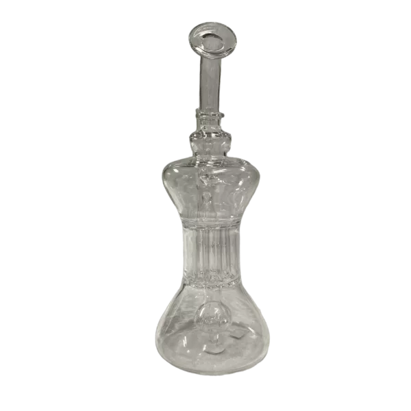 clear glass smoking device with a stainless steel mouthpiece and borosilicate glass bowl. It has a removable stem with a button to release smoke and a borosilicate glass base with an ash catcher. The minimalist design makes it easy to clean.