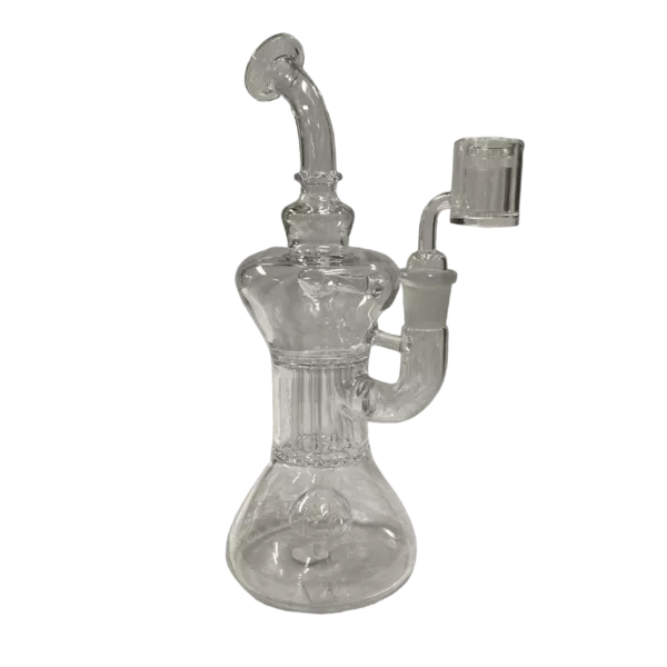 Translucent bong with percolator and long downstem. Includes small bowl and knob on top. Green background.