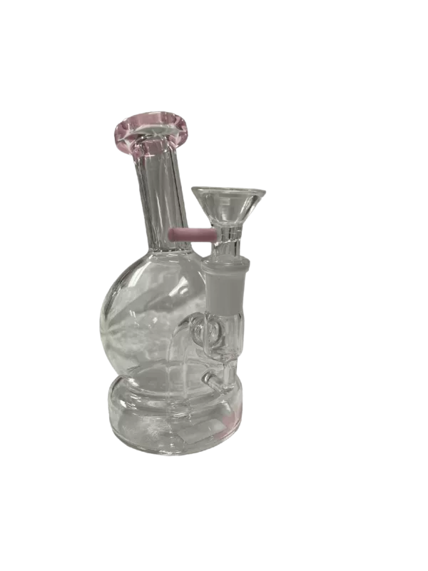 Glass bong with pink stem and clear base. Small bowl with perforations and large chamber. Sleek and modern design.