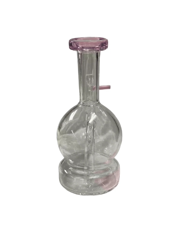 Small, elegant glass water pipe with pink cap, suitable for smoking or storing small items.