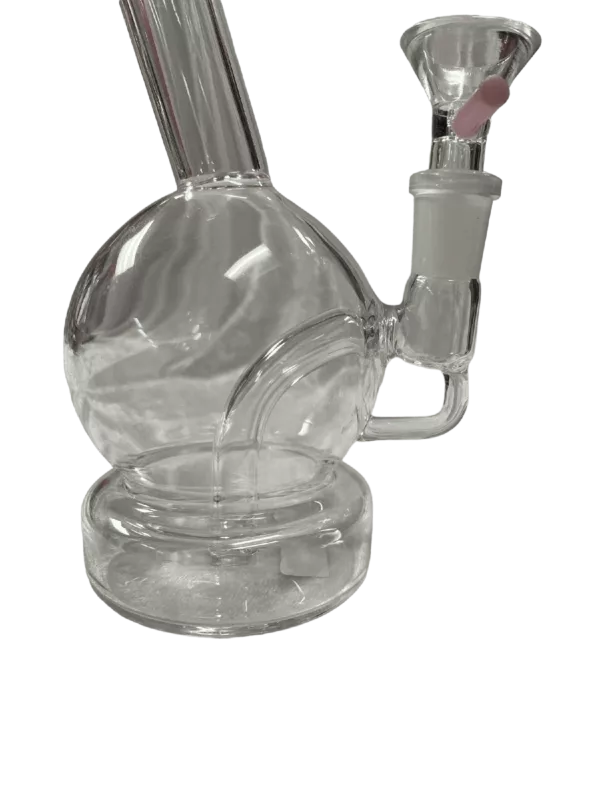 Clear glass bong with large round base, tall slender stem, small mouthpiece, and smooth bowl with small circular hole. Excellent condition.